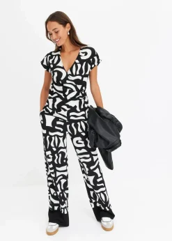 bonprix Bekleidung·Kleider|Zweiteiler & Sets|Jersey-Hose schwarz/wollweiß graphisch bedruckt