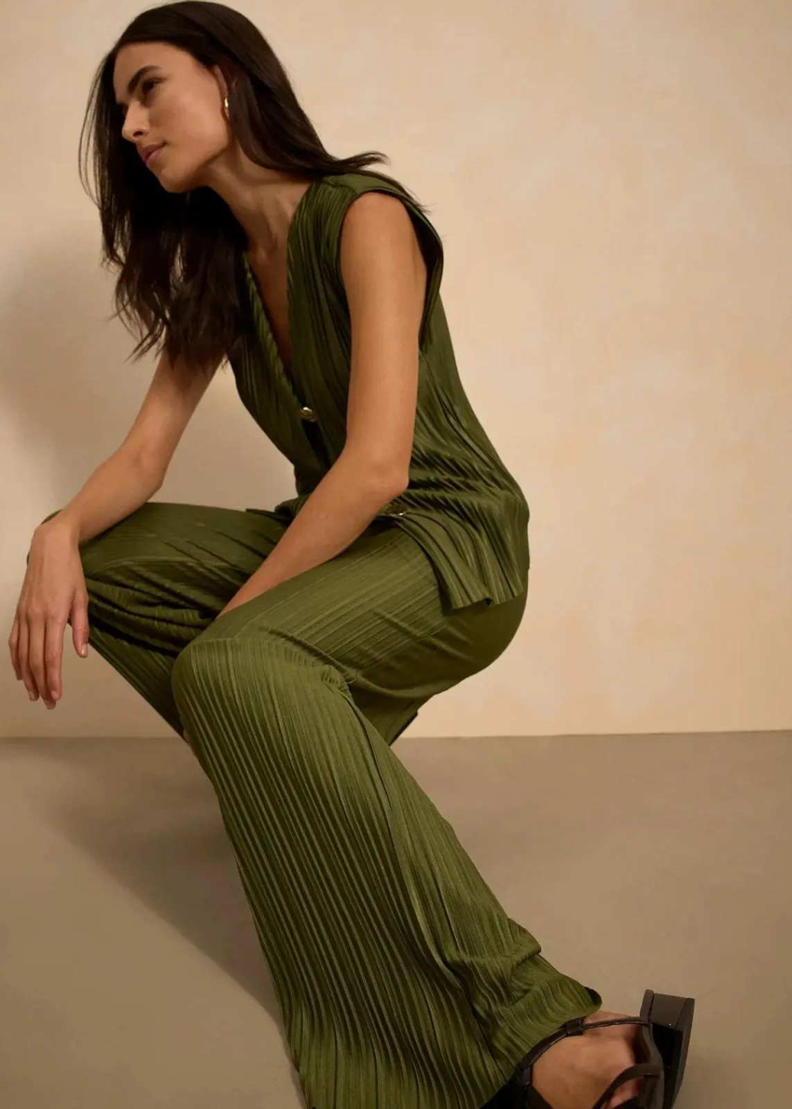 bonprix Bekleidung·Kleider|Hosen|Jersey-Hose mit Plissee dunkelkhaki