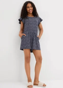 bonprix Mädchen 9-16 Jahre·Kleider & Jumpsuits|Mädchen 2-8 Jahre·Nachhaltigere Materialien|Jersey-Jumpsuit aus elastischem Bio-Baumwoll-Mix dunkelblau geblümt