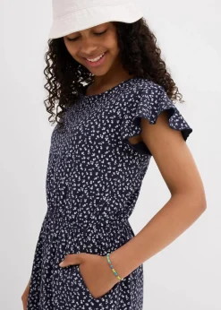 bonprix Mädchen 9-16 Jahre·Kleider & Jumpsuits|Mädchen 2-8 Jahre·Nachhaltigere Materialien|Jersey-Jumpsuit aus elastischem Bio-Baumwoll-Mix dunkelblau geblümt