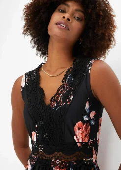 bonprix Kleider|Jerseykleid schwarz/rosa geblümt