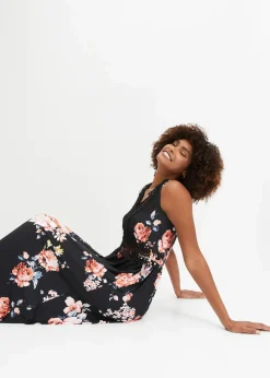 bonprix Kleider|Jerseykleid schwarz/rosa geblümt