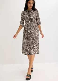 bonprix Bekleidung·Pullover & Strickjacken|Kleider|Jerseykleid beige leo bedruckt