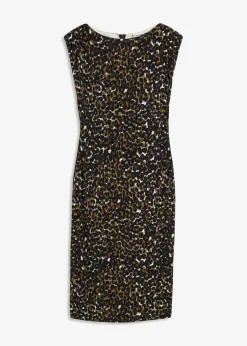 bonprix Bekleidung·Pullover & Strickjacken|Kleider|Jerseykleid schwarz/dunkeloliv leo bedruckt