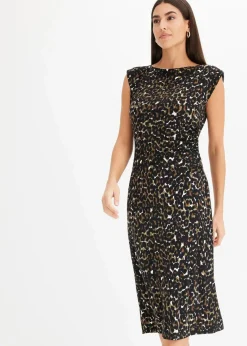 bonprix Bekleidung·Pullover & Strickjacken|Kleider|Jerseykleid schwarz/dunkeloliv leo bedruckt