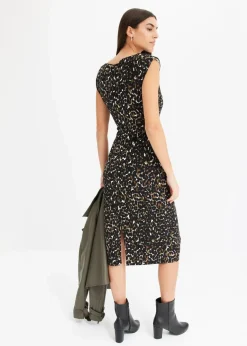 bonprix Bekleidung·Pullover & Strickjacken|Kleider|Jerseykleid schwarz/dunkeloliv leo bedruckt