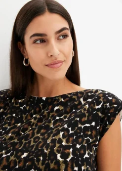 bonprix Bekleidung·Pullover & Strickjacken|Kleider|Jerseykleid schwarz/dunkeloliv leo bedruckt