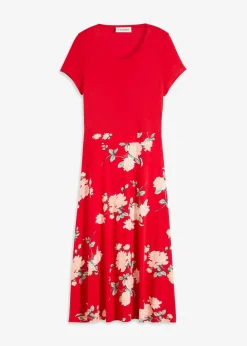 bonprix Kleider|Kurzgrößen|Jerseykleid rot geblümt