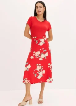 bonprix Kleider|Kurzgrößen|Jerseykleid rot geblümt