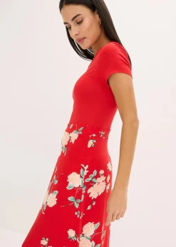 bonprix Kleider|Kurzgrößen|Jerseykleid rot geblümt