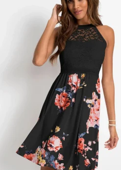 bonprix Bekleidung·Pullover & Strickjacken|Kleider|Jerseykleid schwarz/rosa geblümt