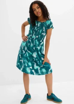 bonprix Mädchen 9-16 Jahre·Kleider & Jumpsuits|Mädchen 2-8 Jahre·Nachhaltigere Materialien|Jerseykleid aus elastischem Bio-Baumwoll-Mix wollweiß/pazifikgrün/pfeffergrün bedruckt