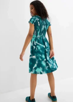 bonprix Mädchen 9-16 Jahre·Kleider & Jumpsuits|Mädchen 2-8 Jahre·Nachhaltigere Materialien|Jerseykleid aus elastischem Bio-Baumwoll-Mix wollweiß/pazifikgrün/pfeffergrün bedruckt