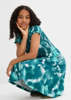 bonprix Mädchen 9-16 Jahre·Kleider & Jumpsuits|Mädchen 2-8 Jahre·Nachhaltigere Materialien|Jerseykleid aus elastischem Bio-Baumwoll-Mix wollweiß/pazifikgrün/pfeffergrün bedruckt