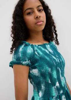 bonprix Mädchen 9-16 Jahre·Kleider & Jumpsuits|Mädchen 2-8 Jahre·Nachhaltigere Materialien|Jerseykleid aus elastischem Bio-Baumwoll-Mix wollweiß/pazifikgrün/pfeffergrün bedruckt