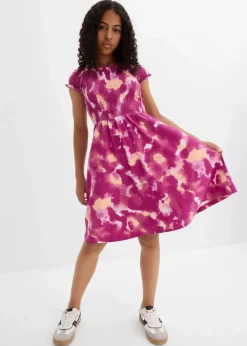 bonprix Mädchen 2-8 Jahre·Nachhaltigere Materialien|Mädchen 9-16 Jahre·Nachhaltigere Materialien|Jerseykleid aus elastischem Bio-Baumwoll-Mix violettorchidee/melba/wollweiß bedruckt