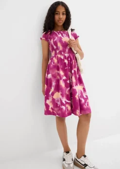 bonprix Mädchen 2-8 Jahre·Nachhaltigere Materialien|Mädchen 9-16 Jahre·Nachhaltigere Materialien|Jerseykleid aus elastischem Bio-Baumwoll-Mix violettorchidee/melba/wollweiß bedruckt