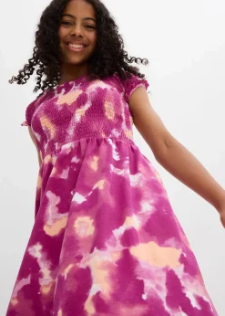 bonprix Mädchen 2-8 Jahre·Nachhaltigere Materialien|Mädchen 9-16 Jahre·Nachhaltigere Materialien|Jerseykleid aus elastischem Bio-Baumwoll-Mix violettorchidee/melba/wollweiß bedruckt