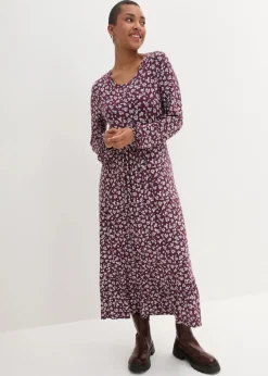 bonprix Bekleidung·Pullover & Strickjacken|Kleider|Jerseykleid aus fließendem Viskose-Mix aubergine geblümt