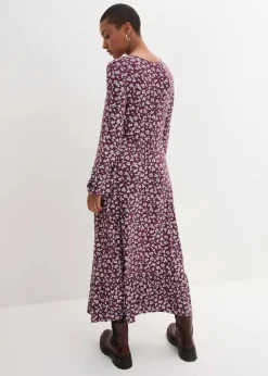 bonprix Bekleidung·Pullover & Strickjacken|Kleider|Jerseykleid aus fließendem Viskose-Mix aubergine geblümt