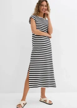 bonprix Nachhaltigere Materialien|Kleider|Jerseykleid aus reiner Baumwolle schwarz/wollweiß gestreift