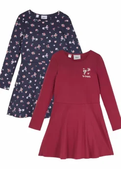 bonprix Mädchen 9-16 Jahre·Mehrfachpacks|Mädchen 9-16 Jahre·Kleider & Jumpsuits|Jerseykleid aus reiner Bio-Baumwolle (2er-Pack) dunkelblau+rhododendronrot geblümt