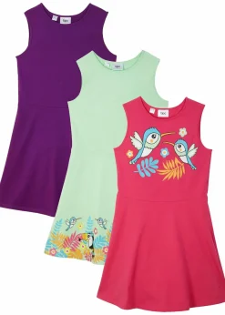 bonprix Mädchen 2-8 Jahre·Nachhaltigere Materialien|Mädchen 9-16 Jahre·Nachhaltigere Materialien|Jerseykleid aus reiner Bio-Baumwolle (3er Pack) softminze + tiefviolett + pinklady