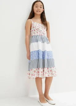 bonprix Mädchen 9-16 Jahre·Kleider & Jumpsuits|Mädchen 2-8 Jahre·Nachhaltigere Materialien|Jerseykleid aus reiner Bio-Baumwolle wollweiß/mittelblau bedruckt