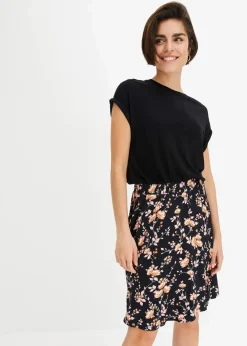 bonprix Bekleidung·Pullover & Strickjacken|Kleider|Jerseykleid aus Viskose-Mix schwarz/koralle geblümt