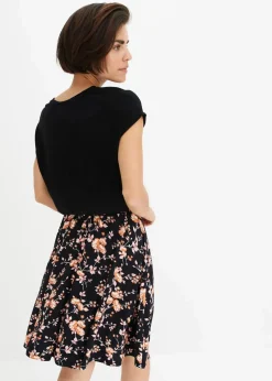bonprix Bekleidung·Pullover & Strickjacken|Kleider|Jerseykleid aus Viskose-Mix schwarz/koralle geblümt