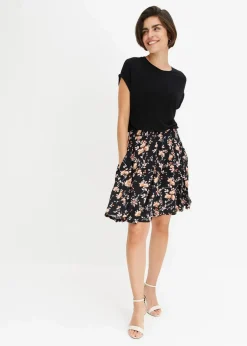 bonprix Bekleidung·Pullover & Strickjacken|Kleider|Jerseykleid aus Viskose-Mix schwarz/koralle geblümt