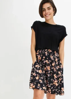 bonprix Bekleidung·Pullover & Strickjacken|Kleider|Jerseykleid aus Viskose-Mix schwarz/koralle geblümt