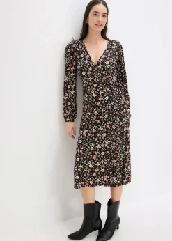 bonprix Bekleidung·Pullover & Strickjacken|Jerseykleid aus Viskose-Mix schwarz geblümt