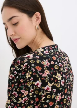 bonprix Bekleidung·Pullover & Strickjacken|Jerseykleid aus Viskose-Mix schwarz geblümt