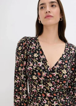 bonprix Bekleidung·Pullover & Strickjacken|Jerseykleid aus Viskose-Mix schwarz geblümt