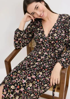 bonprix Bekleidung·Pullover & Strickjacken|Jerseykleid aus Viskose-Mix schwarz geblümt