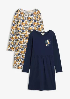 bonprix Mädchen 9-16 Jahre·Mehrfachpacks|Mädchen 9-16 Jahre·Kleider & Jumpsuits|Jerseykleid (2er Pack) aus reiner Bio-Baumwolle wollweiß+dunkelblau bedruckt