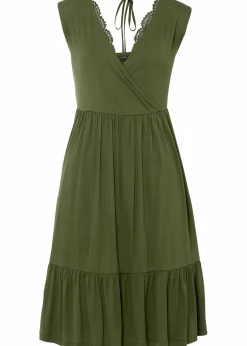 bonprix Bekleidung·Pullover & Strickjacken|Kleider|Jerseykleid mit Spitze oliv