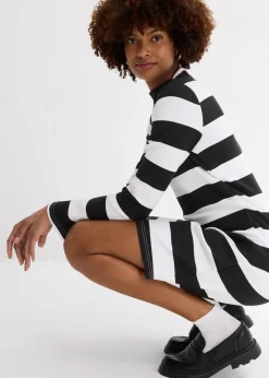 bonprix Nachhaltigere Materialien|Kleider|Jerseykleid mit Stehkragen schwarz/weiß gestreift