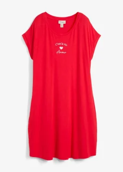 bonprix Kleider|Jersey-Kleid mit Stickerei aus Viskose-Elasthan-Mix tomatenrot