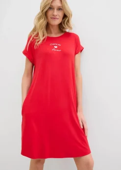 bonprix Kleider|Jersey-Kleid mit Stickerei aus Viskose-Elasthan-Mix tomatenrot