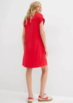 bonprix Kleider|Jersey-Kleid mit Stickerei aus Viskose-Elasthan-Mix tomatenrot