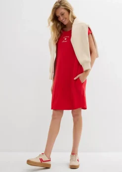 bonprix Kleider|Jersey-Kleid mit Stickerei aus Viskose-Elasthan-Mix tomatenrot