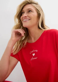 bonprix Kleider|Jersey-Kleid mit Stickerei aus Viskose-Elasthan-Mix tomatenrot