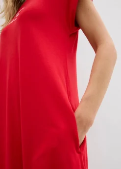 bonprix Kleider|Jersey-Kleid mit Stickerei aus Viskose-Elasthan-Mix tomatenrot