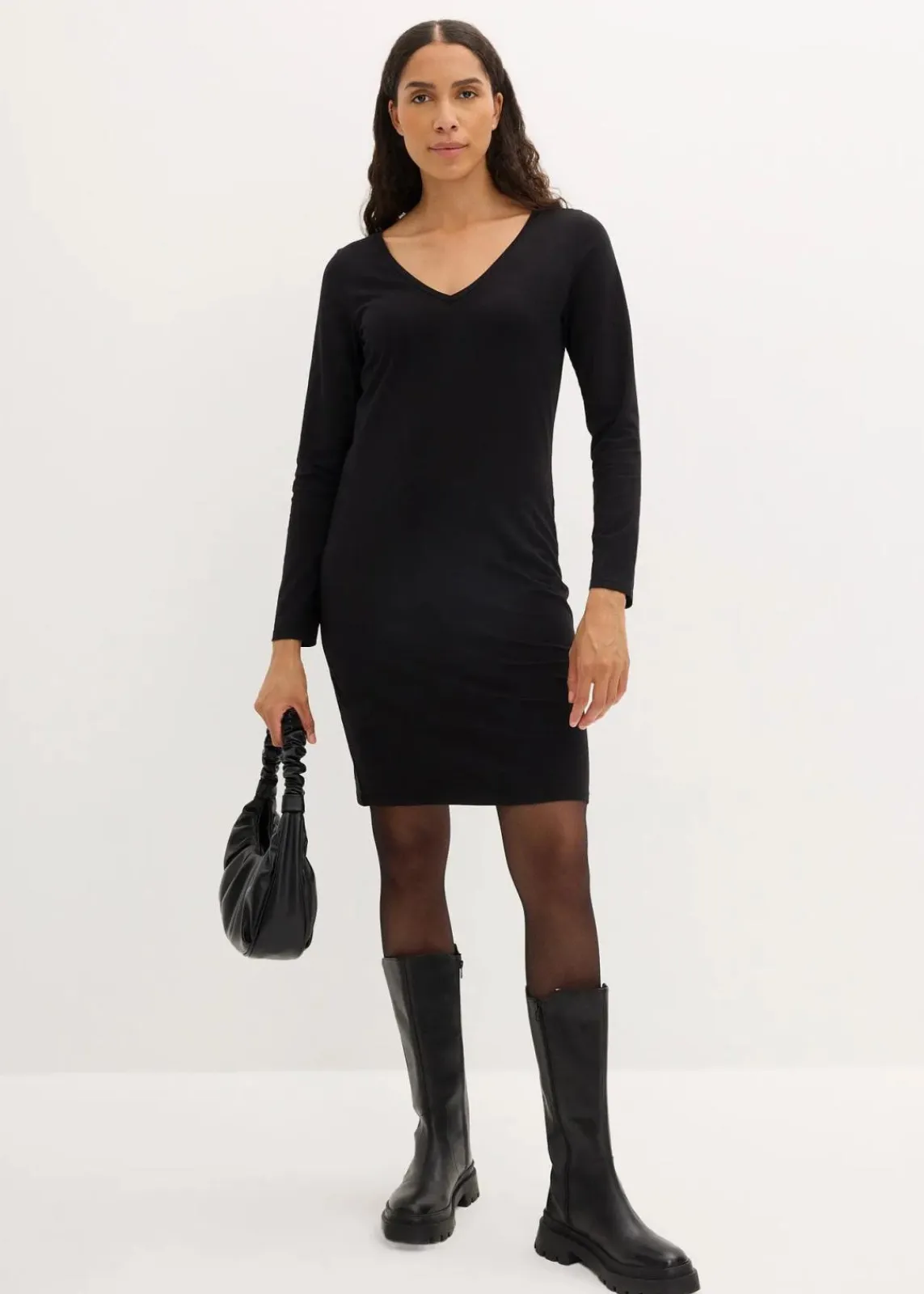 bonprix Kleider|Basics|Jerseykleid mit V-Ausschnitt (2er Pack) schwarz + schwarz