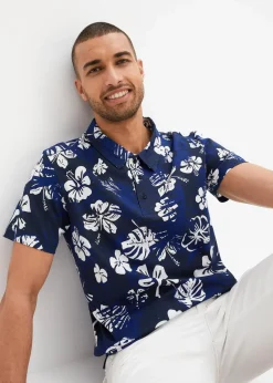 bonprix Große Größen|Shirts & Polos|Jersey-Poloshirt aus reiner Bio-Baumwolle dunkelblau geblümt