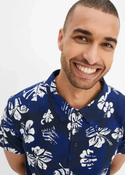 bonprix Große Größen|Shirts & Polos|Jersey-Poloshirt aus reiner Bio-Baumwolle dunkelblau geblümt