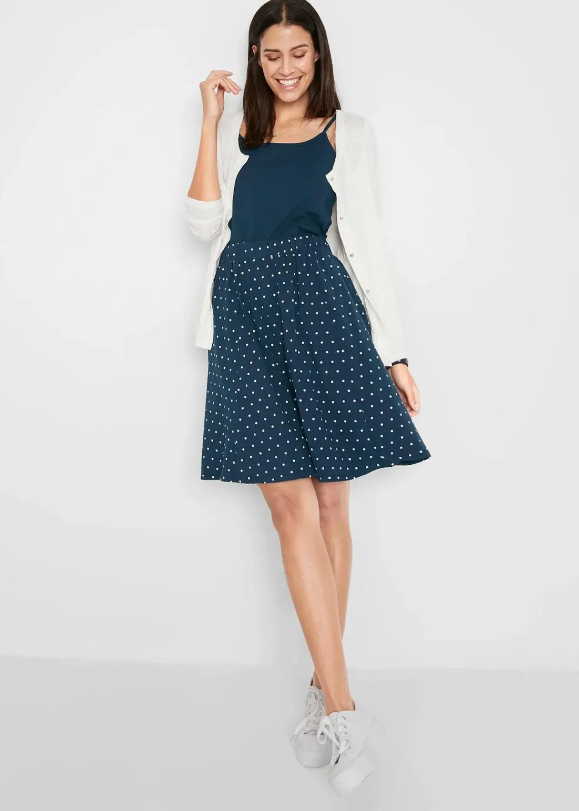 bonprix Bekleidung·Sportbekleidung|Röcke|Jersey-Rock (2er Pack) dunkelblau/weiß gepunktet + schwarz