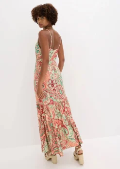 bonprix Bekleidung·Pullover & Strickjacken|Kleider|Jersey-Trägerkleid aus softem Viskose-Mix orange bedruckt